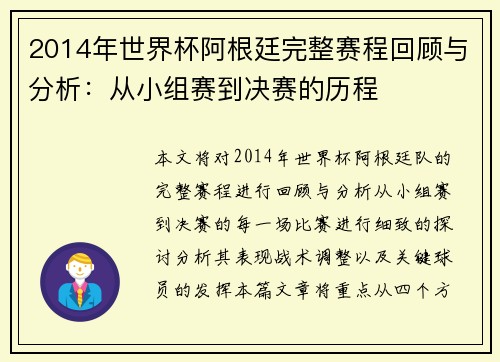 2014年世界杯阿根廷完整赛程回顾与分析：从小组赛到决赛的历程