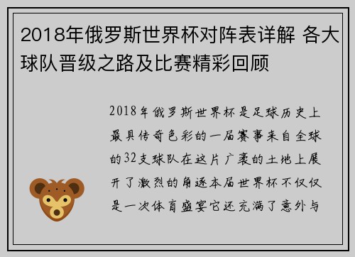 2018年俄罗斯世界杯对阵表详解 各大球队晋级之路及比赛精彩回顾