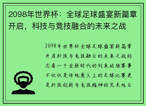 2098年世界杯：全球足球盛宴新篇章开启，科技与竞技融合的未来之战