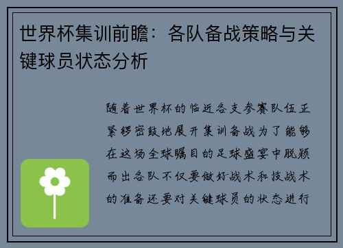 世界杯集训前瞻：各队备战策略与关键球员状态分析